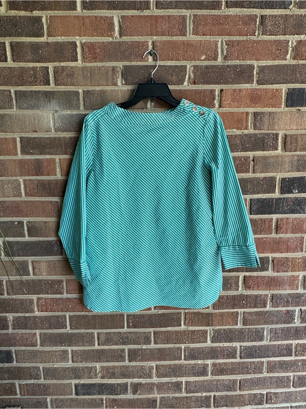 Striped Green Boatneck Women's Top with Button Detail